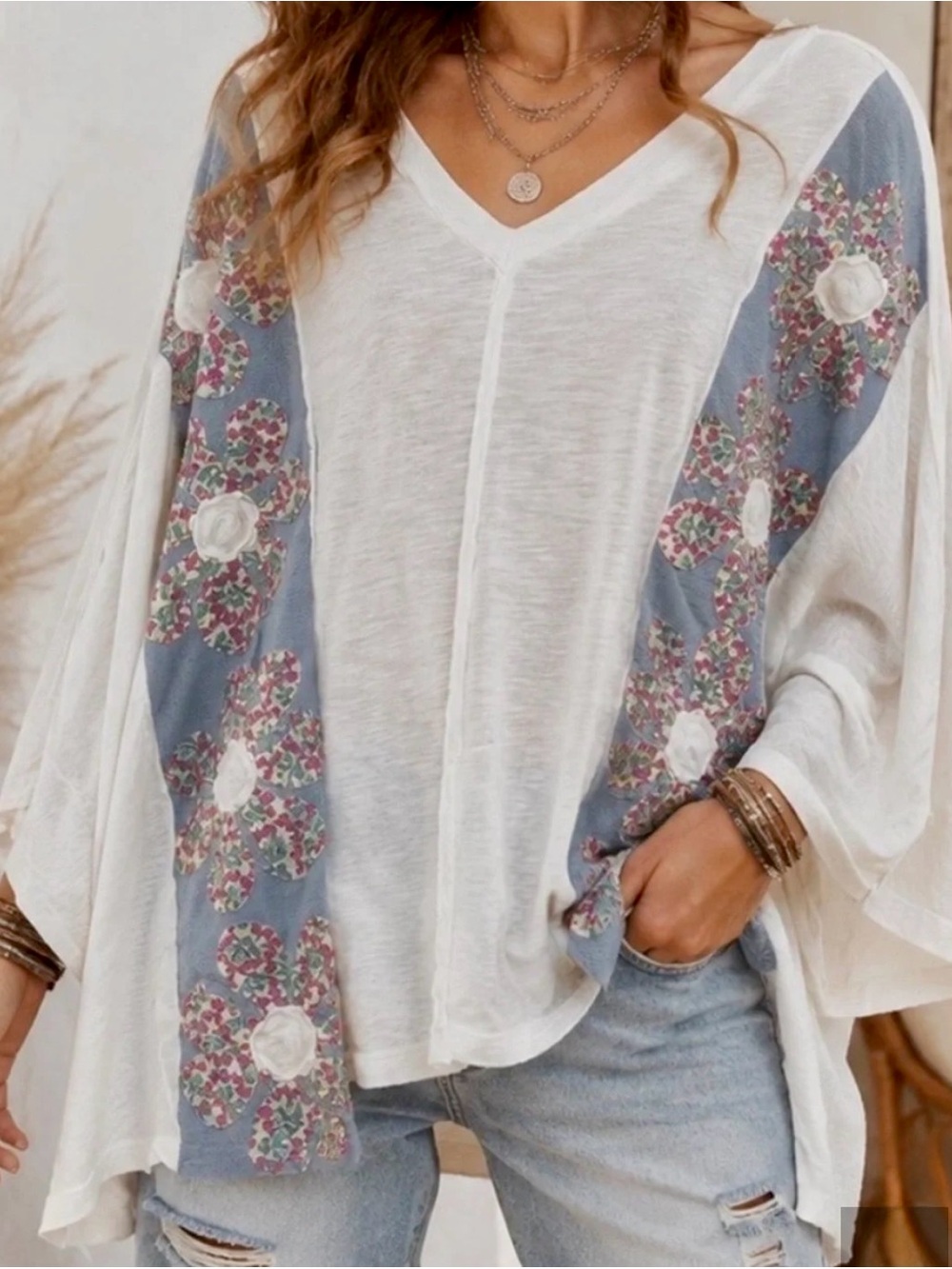 Women’s Floral Patchwork Boho Oversized Poncho/ V